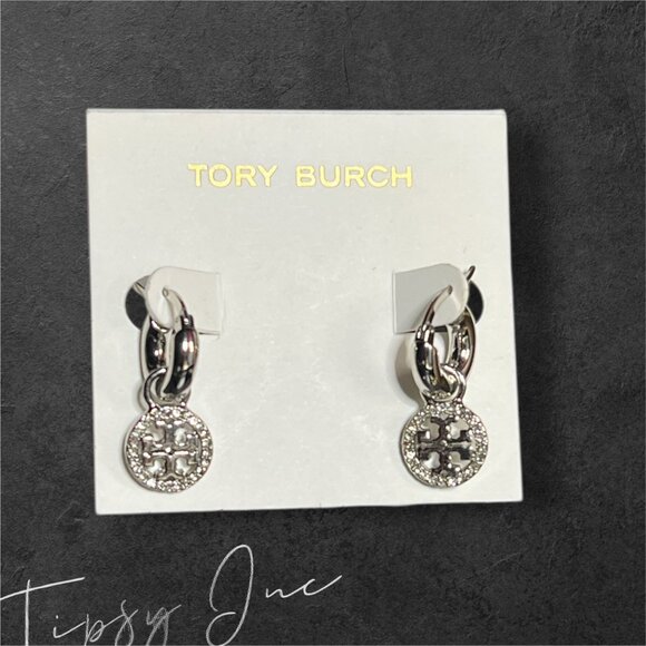 Tory Burch Silver Mille Pave Hoop/Huggie Earrings - Picture 1 of 5